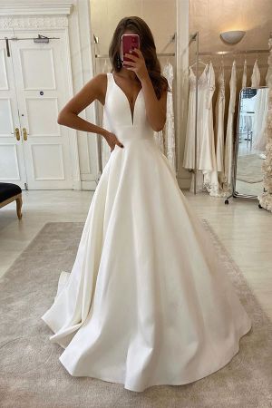 A-line Straps V-neck Sleeveless Sweep / Brush Train Satin Wedding Gown With Ruffles