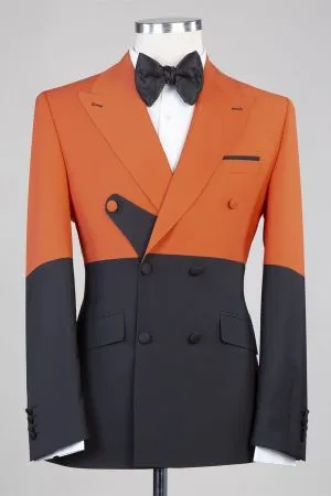 Orange And Black Peaked Lapel Men Suit for Prom