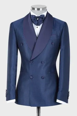 Men's Royal Blue Double Breasted Shawl Lapel Tuxedo with Navy Satin Collar