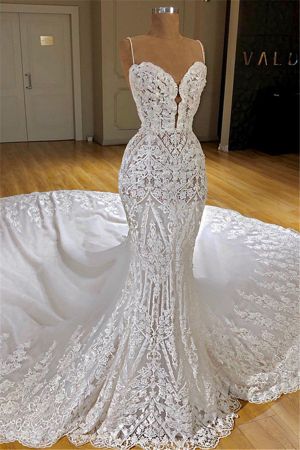 Mermaid Spaghetti Straps Sweetheart Neck Sleeveless Cathedral Train Wedding Gown With Three dimensional decoration