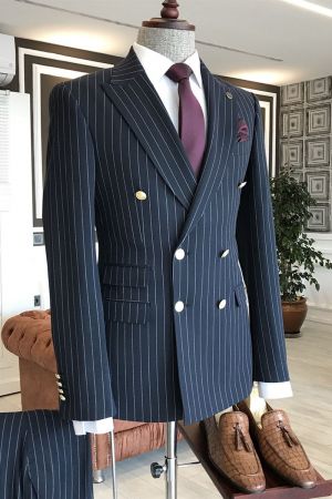 Navy Blue Striped Double Breasted Business Suit