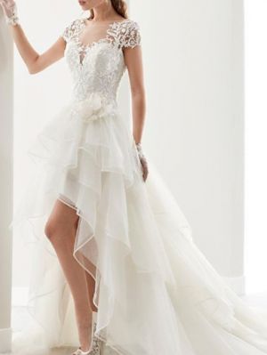 A-line Short Sleeves Sweep / Brush Train Lace Wedding Gown With Ruffles