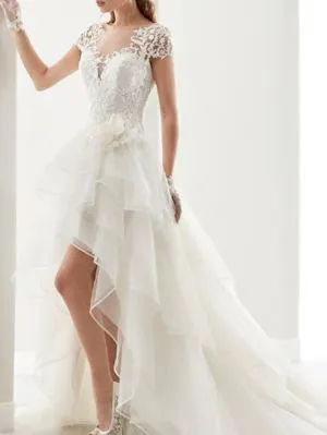A-line Short Sleeves Sweep / Brush Train Lace Wedding Gown With Ruffles