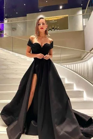 A-line Off-the-shoulder Sleeveless Floor-length Stretch Satin Formal Wear With Beading
