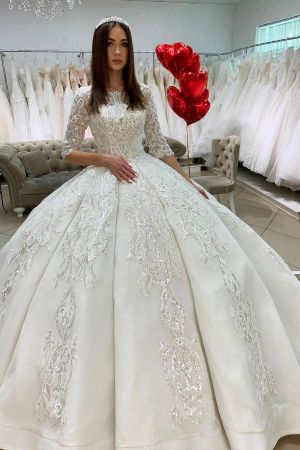 Jewel Neck Half-Sleeves Sweep / Brush Train Satin Wedding Gown With Lace
