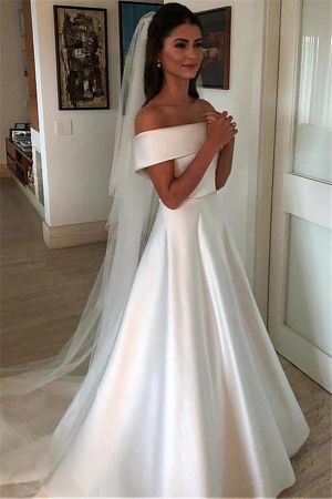 A-line Off-the-shoulder Sleeveless Sweep / Brush Train Bridal Gown With Bow