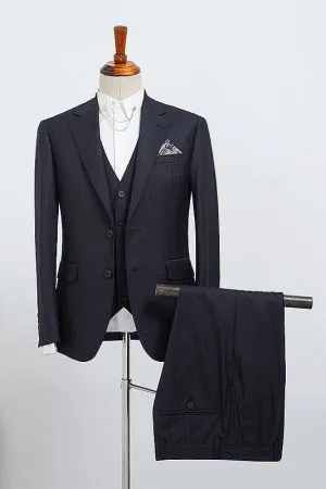 Navy Blue Striped 3 Pieces Slim Fit Bespoke Business Suit