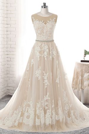 A-line Jewel Neck Sleeveless Floor-length Tulle Wedding Gown With Lace