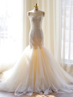 Mermaid Sweetheart Neck Sleeveless Court Train Tulle Bridal Attire With Lace