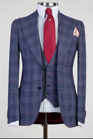 Blue Gery Peaked Lapel Business Men Suit