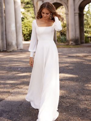 A-line Square Neck Long Sleeves Floor-length Wedding Dress With Buttons
