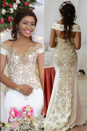 Mermaid Off-the-shoulder Sleeveless Sweep / Brush Train Wedding Gown With Beading