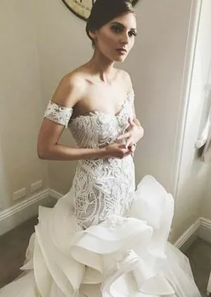 Off-the-Shoulder Mermaid Ruffles Bridal Gown with Lace Appliques