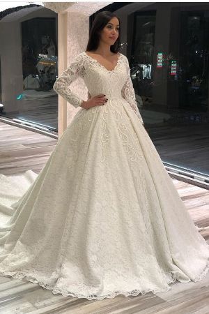 A-line V-neck Long Sleeves Court Train Lace Bridal Dress With Ruffles