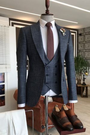 Black Plaid Double Breasted Waistcoat Business Suit