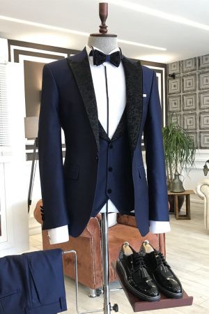 Navy Blue Jacquard Lapel Business Suit