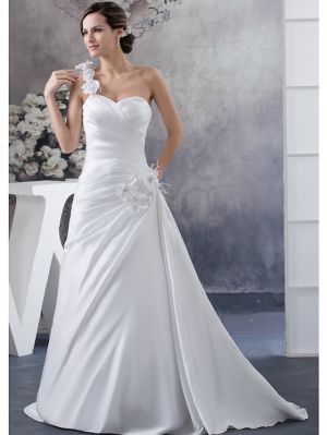 A-line One Shoulder Sleeveless Tulle Wedding Dress With Court Train