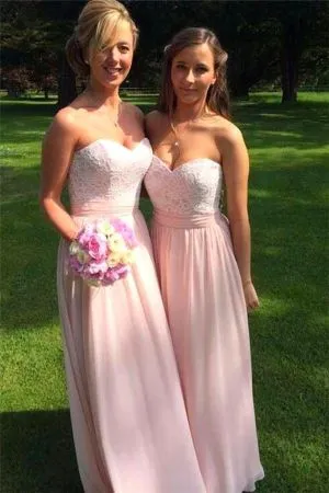 A-line Sweetheart Neck Sleeveless Floor-length 100D Chiffon Bridesmaid Dress With Lace
