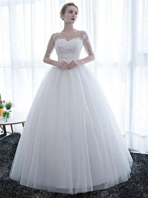 Ball Gown Short Sleeves Floor-length Lace Bridal Gown With Lace
