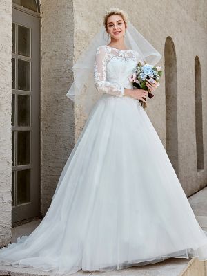Ball Gown Bateau Neck Long Sleeves Chapel Train Tulle Bridal Gown With Lace