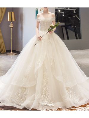 Plus Size A-Line Wedding Dress with Off Shoulder Design and Lace Details