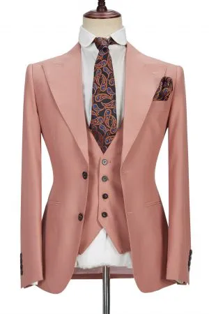 Coral Pink 3 Piece Men's Suit with Two Buttons and Peak Lapel