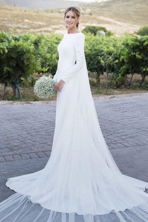Column Bateau Neck Satin Wedding Dress With Court Train