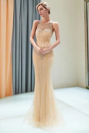 Mermaid Jewel Neck Sleeveless Sweep / Brush Train Tulle Evening Dress With Beading