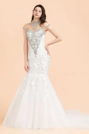 Mermaid High Neck Sleeveless Sweep / Brush Train Tulle Wedding Gown With Crystal