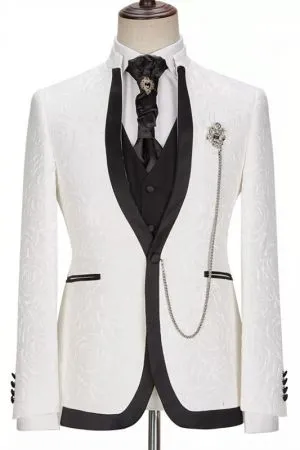 Men's White Floral Jacquard 3-Piece Suit with Mandarin Collar