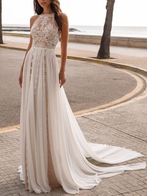 A-line Sleeveless Court Train 100D Chiffon Bridal Gown With Appliques