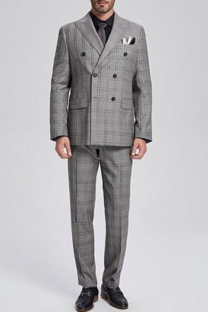 Grey Double Breasted Wool Blend Men's Business Suit with Peak Lapel and Checked Pattern
