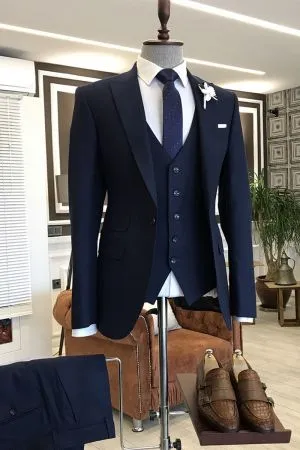 3-Pieces Navy Blue Peaked Lapel Business Suit