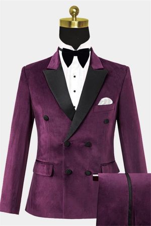 Purple Double Breasted Velvet Prom Suit with Peaked Lapel