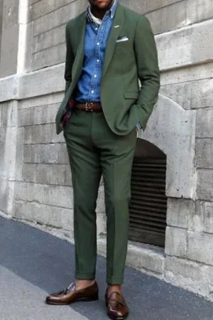 Dark Green Single Breasted Men's Suit with Peaked Lapel for Prom
