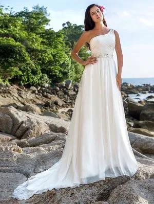 A-line Straps One Shoulder Court Train 100D Chiffon Bridal Gown With Buttons