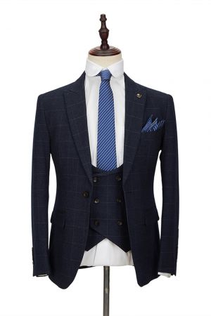 Dark Navy Plaid Single Breasted Men's Suit with Double Breasted Waistcoat