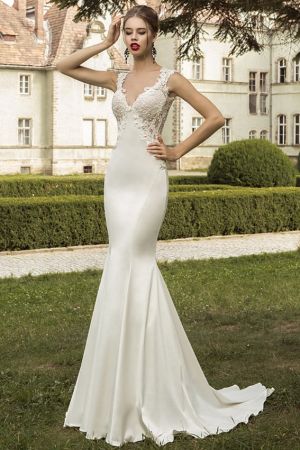 Mermaid Spaghetti Straps Sleeveless Sweep / Brush Train Satin Bridal Gown With Appliques