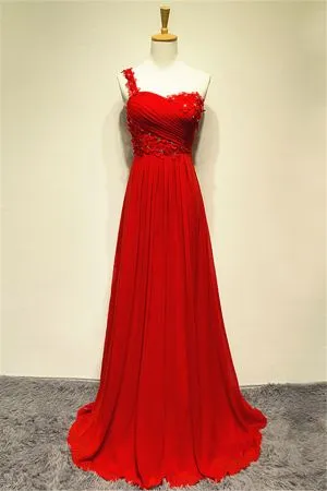 A-line One Shoulder Sleeveless Sweep / Brush Train 100D Chiffon Evening Dress With Flower(s)