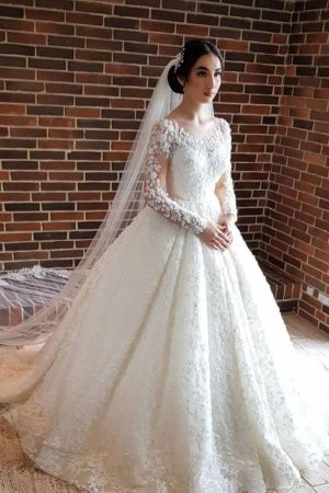 Jewel Neck Long Sleeves Chapel Train Lace Wedding Gown With Lace