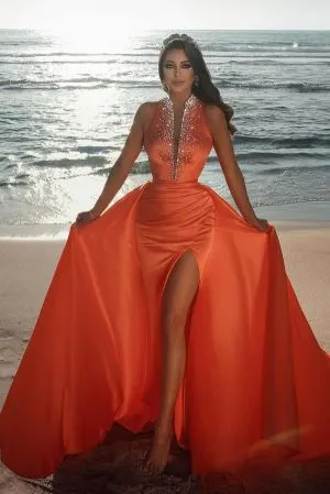 A-line Plunging Neckline Sleeveless Floor-length Stretch Satin Evening Dress With Beading
