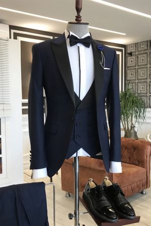 Dark Blue Prom Men's Suit with Black Peaked Lapel