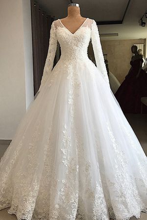 A-line V-neck Long Sleeves Floor-length Tulle Wedding Dress With Appliques