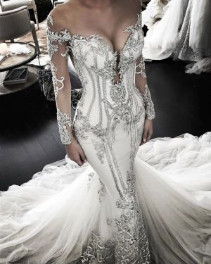 Mermaid Off-the-shoulder Sweep / Brush Train Bridal Gown With Appliques