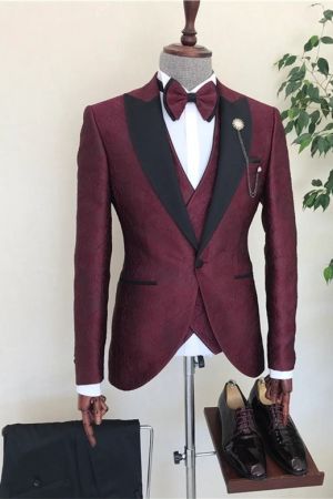 Burgundy Three Pieces Men Suit for Wedding with Jacquard Peaked Lapel