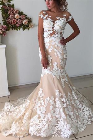A-line V-neck Cap Sleeves Sweep / Brush Train Tulle Bridal Gown With Flower(s)