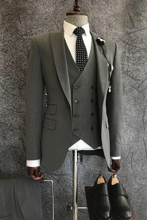 Dark Gray 3-Pieces Business Men Suit with Peaked Lapel