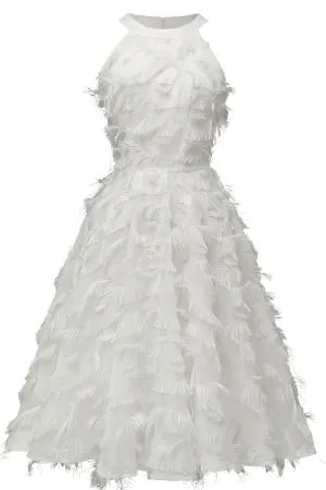 A-line V-neck Sleeveless Knee-length Party Dress With Feathers
