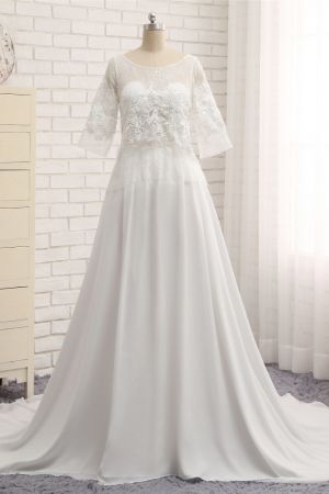 A-line Jewel Neck Half-Sleeves Floor-length 100D Chiffon Wedding Dress