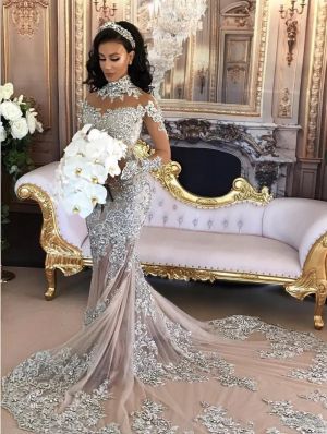 Mermaid High Neck Long Sleeves Court Train Wedding Gown With Crystal
